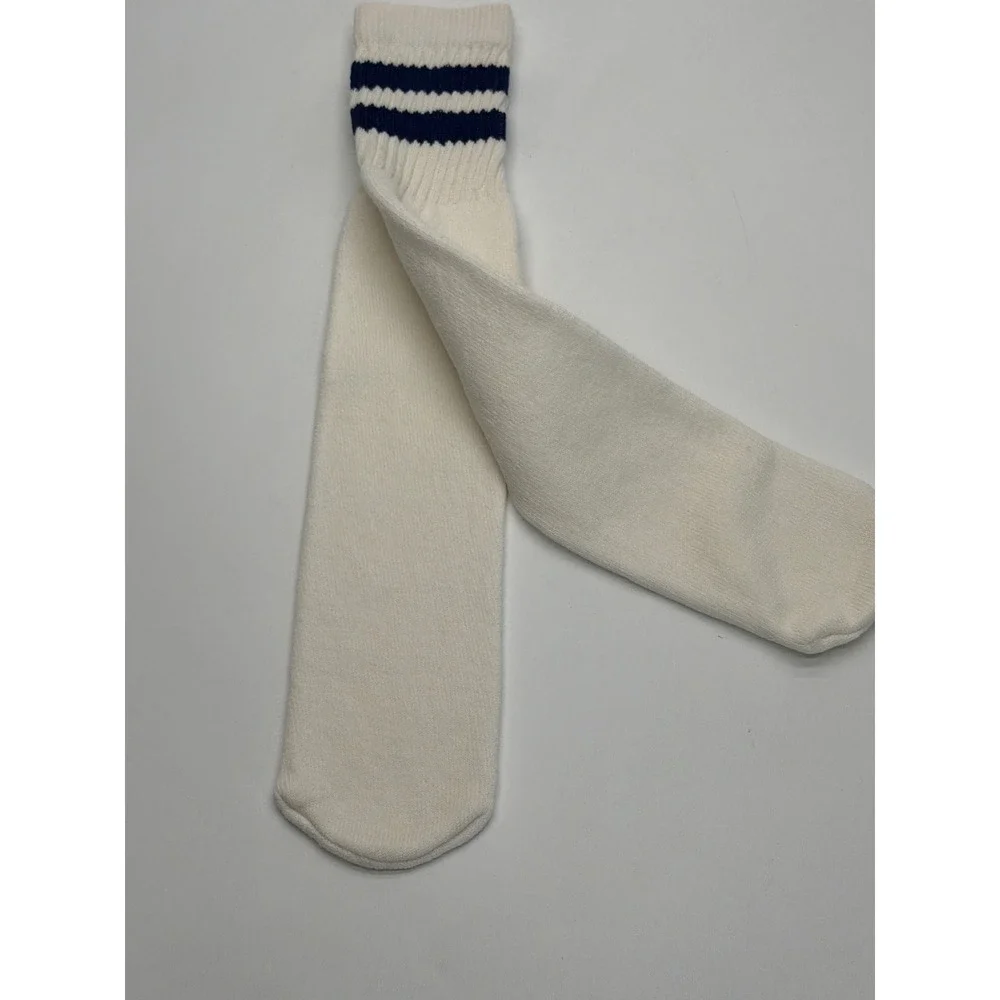 Vintage Retro Athletic Tube Socks Cream Navy Blue Striped Mid Calf Unisex